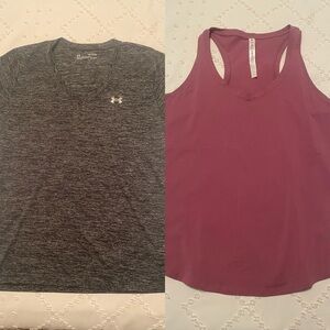 Two women’s workout shirts Lululemon and under Armour short sleeve and love tank
